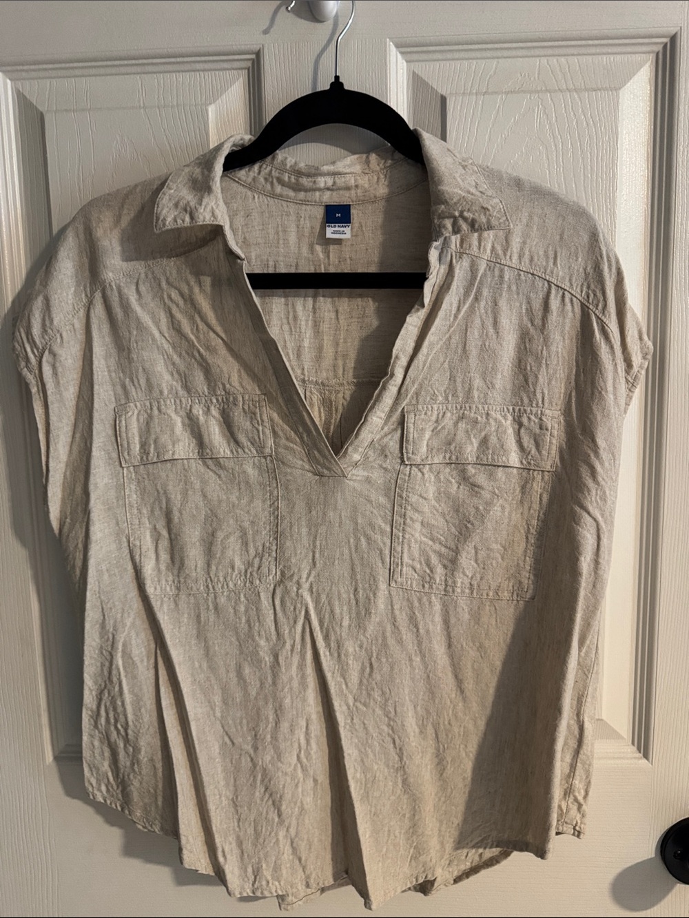 Old Navy Light Beige Short-Sleeve Linen-Blend Casual Shirt
